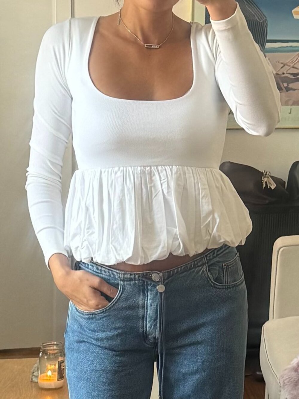 Zara White Square-Neck Bubble Hem Top — Small